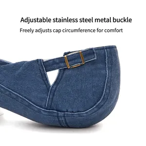 Classic blue denim newsboy cap with adjustable bronze buckle for custom fit size