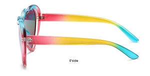 Side view of heart-shaped sunglasses with colorful gradient frame on white background