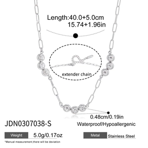 Detailed specs of stainless steel paperclip necklace with seven round zircon crystals