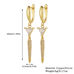 Detailed view of gold geometric cone earrings with size and material specifications