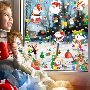 Stickers de fenêtre Noël avec Père Noël, rennes et bonhomme de neige pour décor en verre