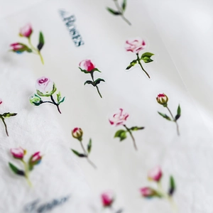 Self-adhesive nail art stickers with realistic pink rose watercolor designs and floral patterns