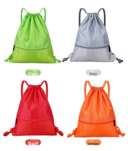Waterproof nylon drawstring backpacks in four colors with honeycomb texture and front zippers