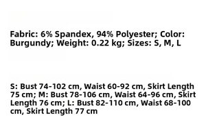 Detailed size chart for burgundy sleeveless dress with polyester and spandex fabric info