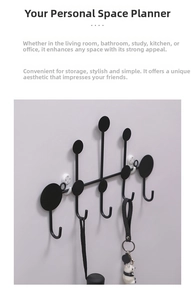 Macro view of a black metal wall-mounted coat rack with five hooks and a hanging umbrella