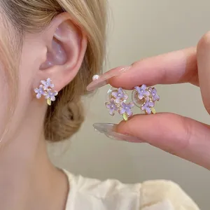 Purple Lilac Flower Stud Earrings And Ear Clips With 925 Sterling Silver Earring Post Enamel Sweet Floral Jewelry