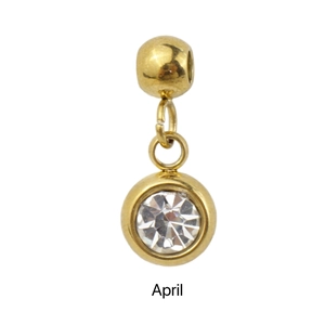 Detail of April birthstone gold pendant with a clear round crystal on a white background