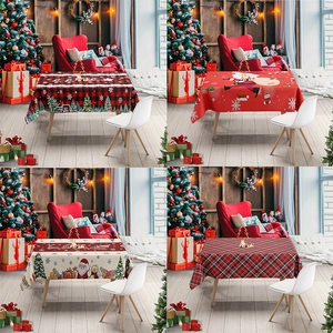 Christmas Tablecloth Red Plaid Rectangle Polyester Flannel Santa Reindeer Snowflake Print Festive Dining Table Cover Holiday Decoration