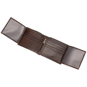 Detail view of dark brown leather wallet showing card slots, zipper pocket and ID windows
