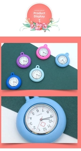 Detail of round silicone nurse watch showing various colors and clear quartz dial