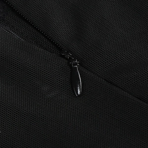 Close-up of invisible zipper detail and black mesh texture on the bodysuit