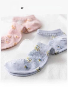 Detailed mesh design of summer floral cotton socks with breathable embroidery and textures