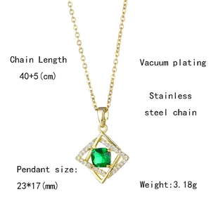 Detailed specs of gold stainless steel necklace with green crystal square pendant