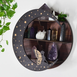 Round wooden moon shelf with boho star and elf silhouette for crystal display