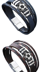 Detail of soccer charm bracelets in blue and brown leather with a secure magnetic clasp