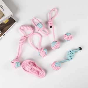 Hundespielzeug-Set aus Baumwollseil in Rosa und Blau mit verschiedenen Formen auf Weiß