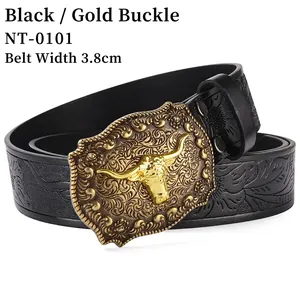 Western cowboy black leather belt with gold bull head buckle and 3.8cm embossed strap