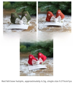Detail of Christmas felt bow hair clips with polka dot mesh and snowflake sequins