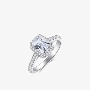 925 Sterling Silver Ring Rectangular Emerald Cut Cubic Zirconia Halo Sparkling Engagement Luxury Jewelry For Women