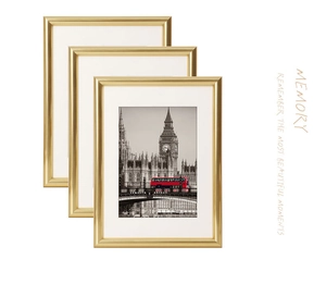 Three gold PVC photo frames with London street art and memory quote on white background