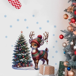 Stickers muraux de Noël avec cerf coloré et bonhomme de neige dans un décor chaleureux