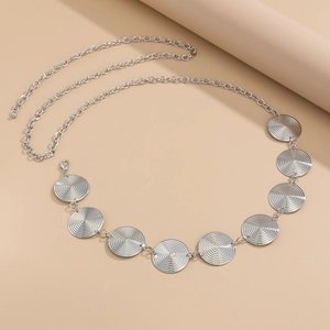 Minimalist silver waist chain with concentric circular metal plates and lobster clasp