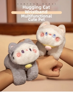 Close-up of cute plush cat slap bracelet featuring soft fur and detailed embroidery
