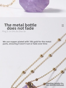 Close-up of 18K gold plated copper chain and faceted purple amethyst perfume bottle pendant