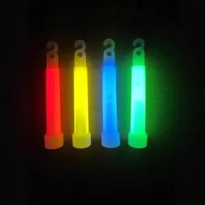 Set of colorful emergency glow sticks in red, yellow, blue and green with hanging hooks