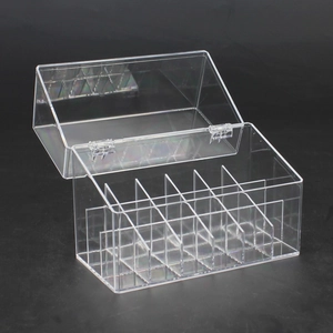 Macro view of transparent acrylic cosmetic organizer with multi-grid and flip-top cover