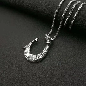 Viking fish hook pendant necklace in silver stainless steel with wave engravings