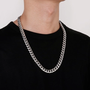 Classic silver titanium steel Cuban chain necklace worn on model for hip hop style