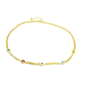 Golden chain necklace with five colorful evil eye beads in ethnic amulet style