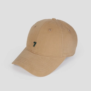 Close-up of number 7 embroidery on khaki cotton twill baseball cap with stitching detail