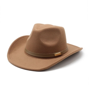 Classic brown wool felt western cowboy hat with a gold buckle and leather band strap