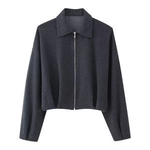 Dunkelgraue Damen-Twill-Jacke mit Reißverschlusskragen und stylischem Cropped-Schnitt