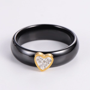 Heart Shaped Ring 304 Stainless Steel Black Ceramic Glaze Cubic Zirconia Glossy Polished Fashion Jewelry Women