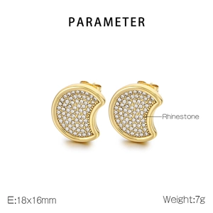 Detail view of 18x16mm gold crescent earrings with rhinestones and product specs