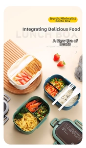 Three-tier stackable bento box set in cream, blue, and green for meal prep and office lunch