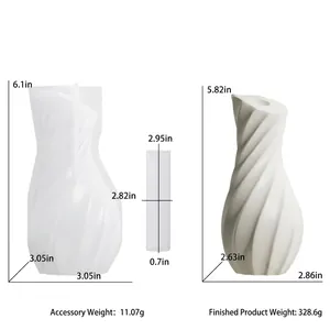 Detailed view of striped flower vase silicone mold with dimensions and finished product