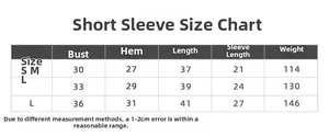 Detailed size chart for seamless short sleeve yoga top showing measurements from S to L