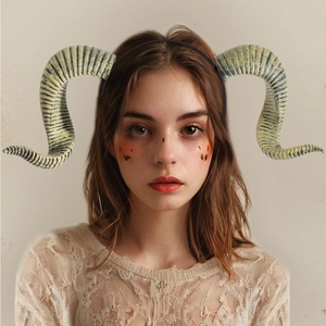 Realistic ram horn headband for Halloween cosplay on a model with lace top