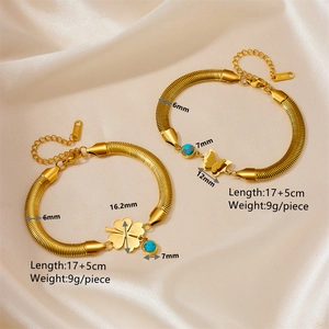 18K gold plated stainless steel clover and butterfly charm bracelets with blue beads