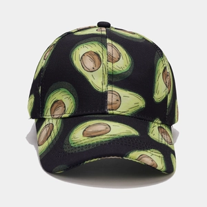 Close-up of the detailed green avocado print on the black breathable baseball cap fabric