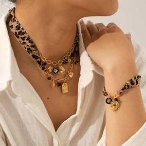 Stainless Steel Leopard Print Ribbon Necklace Bracelet Heart Sun Butterfly Daisy Pendant Choker For Women Bohemian Jewelry
