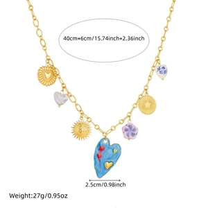 Gold-plated stainless steel necklace with enamel heart and floral multi-element charms