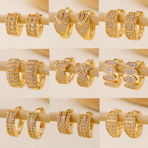 Gold Plated Brass Hoop Earrings With Sparkling Cubic Zirconia Elegant Fashion Jewelry For Women Daily Party Accessories