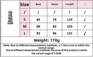 Detailed size chart for the colorful plaid maxi dress with bust and length measurements