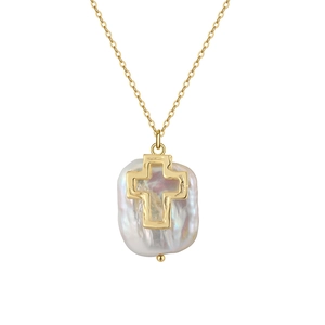 Collier en Argent Sterling 925 avec Perle d'Eau Douce Plaqué Or Pendentif Croix Baroque Creuse Bijoux Religieux pour Femmes