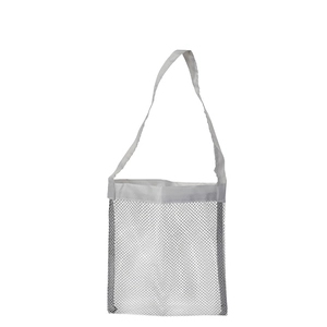 Close-up of durable gray mesh beach bag with reinforced fabric handle and shoulder strap